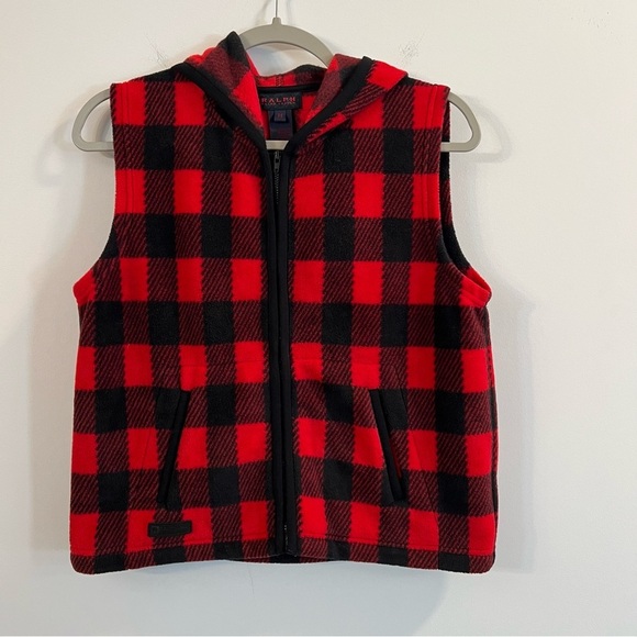 Women’s vintage Ralph Ralph Lauren red buffalo plaid fleece cropped sweater vest - Picture 1 of 5